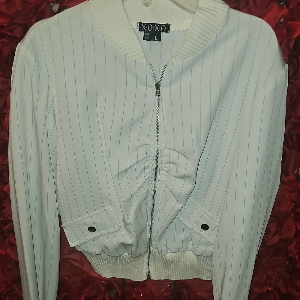 XOXO Women's White/Blue Pinstripe Light CropBomber Jacket With Beige Trim Size L